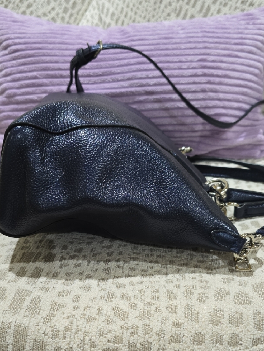 Coach Pebbled Leather Shoulder Satchel - Metallic Navy Blue - Picture 4 of 15